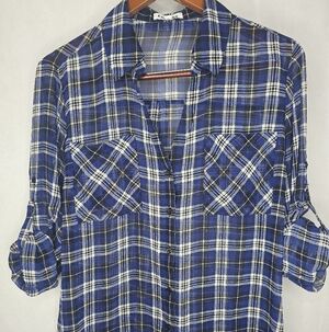 Express The Portofino Shirt Sheer Blue Black Plaid Roll Tab Sleeve Casual Office